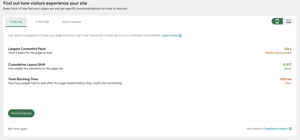 A screenshot of the PageSpeed Insights widget