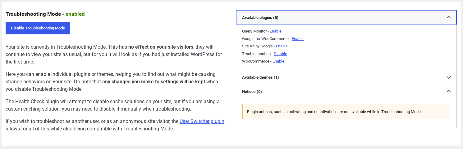 Selecting what plugins you want active in Troubleshooting mode