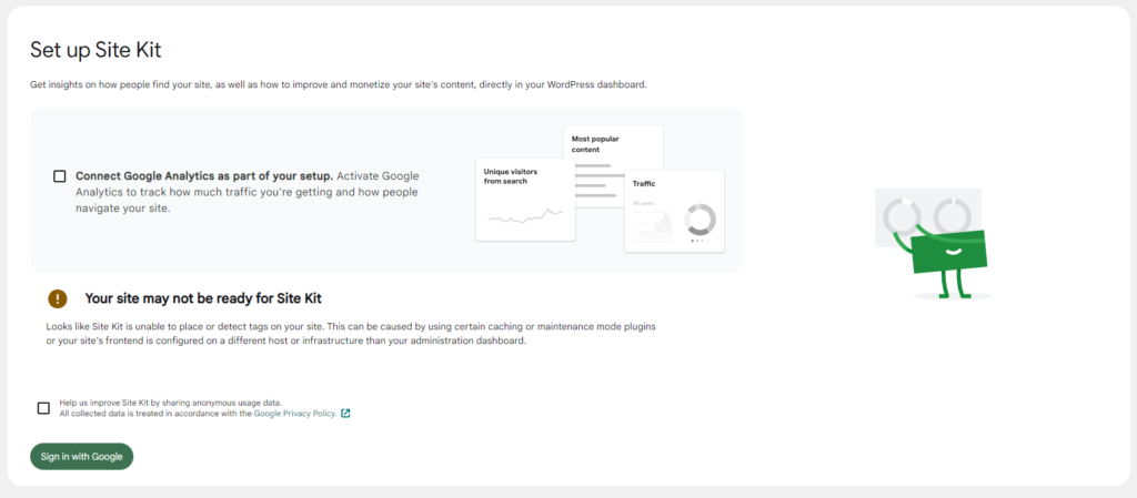 A warning that Site Kit can’t place tags on your site, prior to setting up the plugin