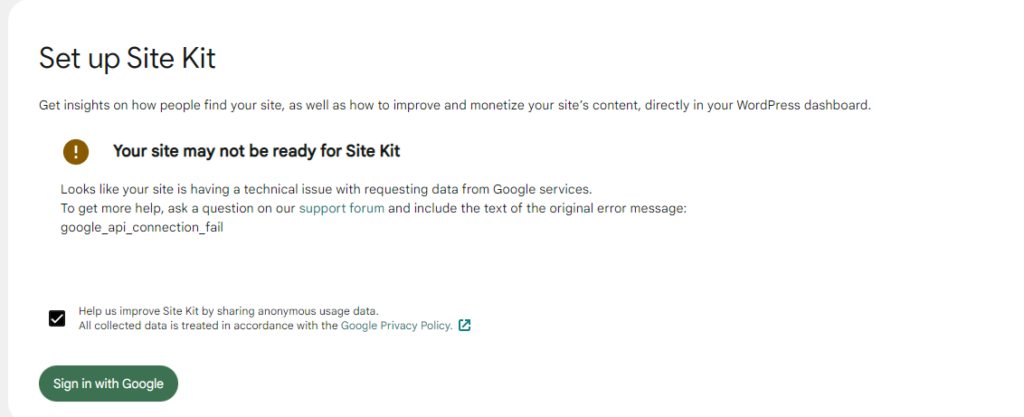 A warning that your site is unable to communicate with Google services