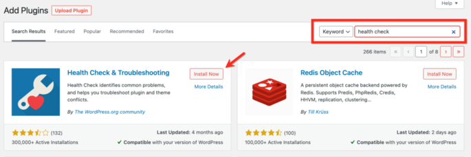 The Add Plugins screen with the phrase &ldquo;health check&rdquo; entered in the search bar for a Keyword