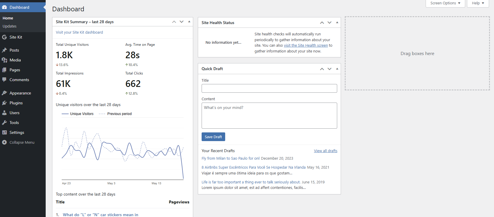 The WordPress Dashboard summary widget for Site kit