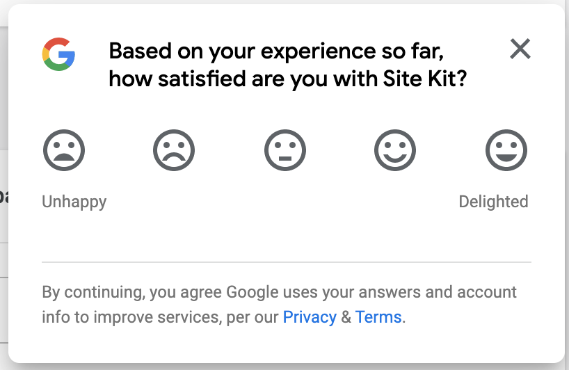 A screenshot of the feedback survey in Site Kit