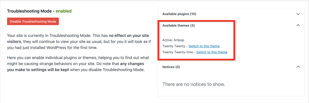 The Troubleshooting Mode screen with the Available themes toggle highlighted.