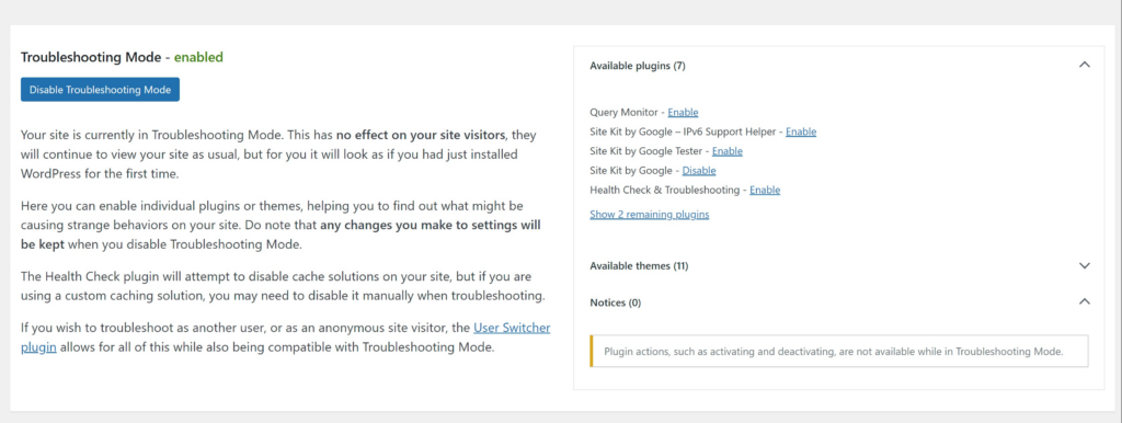 Selecting what plugins you want active in Troubleshooting mode