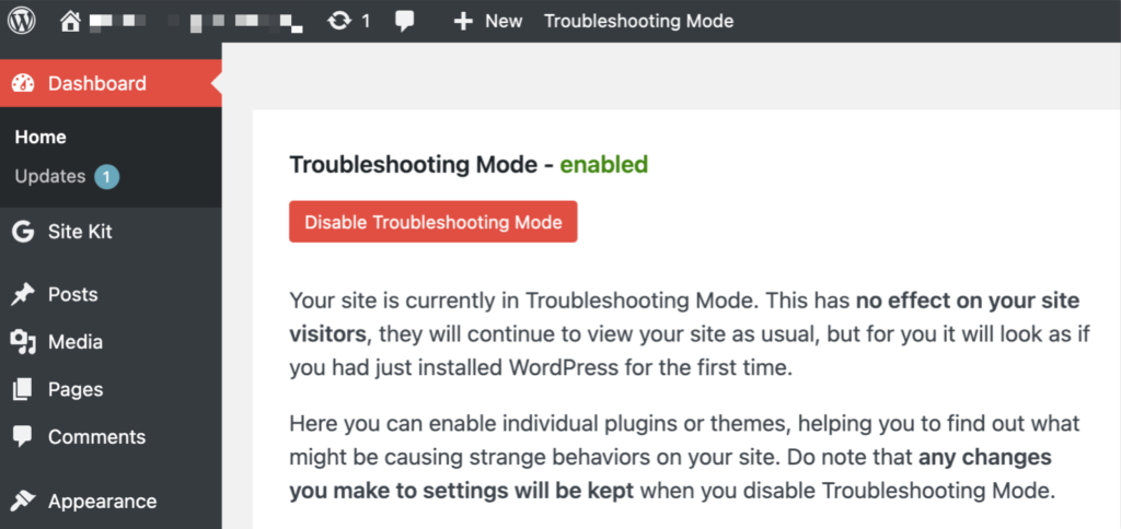 The Troubleshooting Mode screen showing the red Disable Troubleshooting Mode button to end troubleshooting mode.