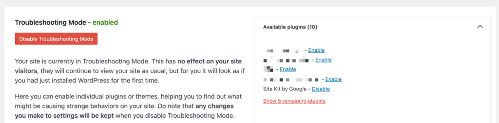 The Troubleshooting Mode screen with the Available plugins toggle opened.