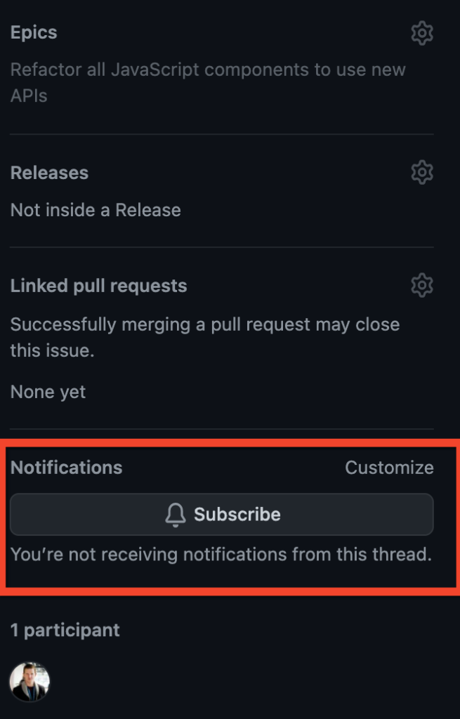 A screenshot of the right sidebar on a GitHub issue with the Subscribe button highlighted
