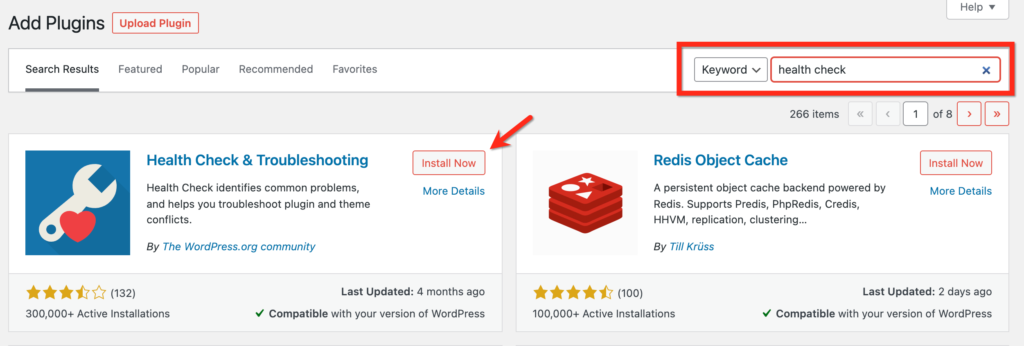 The Add Plugins screen with the phrase "health check" entered in the search bar for a Keyword