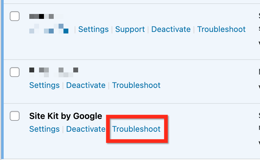 A screenshot of the Plugins screen with the link to Troubleshoot highlighted under Site Kit by Google