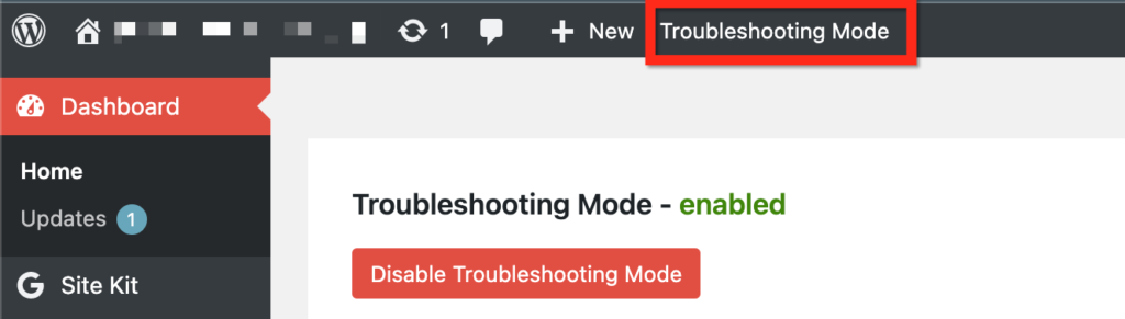 The Troubleshooting Mode screen with the WordPress admin bar and menu surrounding it. The Troubleshooting Mode link in the admin bar is highlighted.