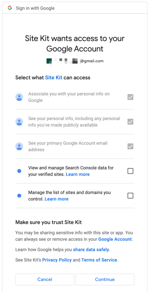 A screenshot of the Site Kit wants access to your Google Account permissions screen.
