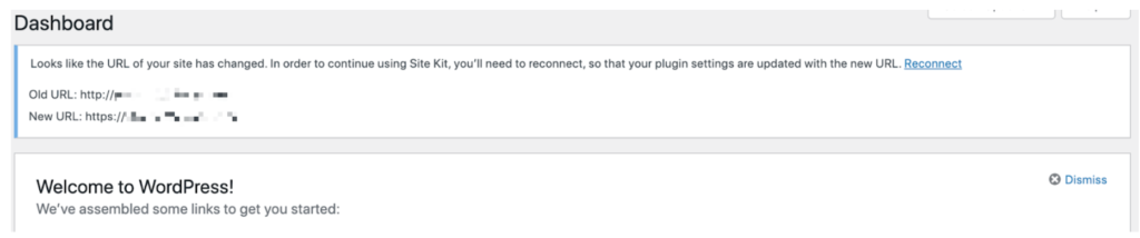 A screenshot of a message on the WordPress Dashboard stating "Looks like that URL of your site has changed. In order to continue to use Site Kit, you'll need to reconnect, so that your plugin settings are updated with the new URL."