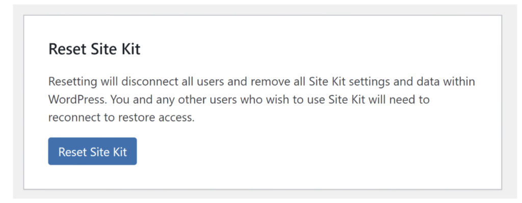 Resetting Site Kit from the Tools menu