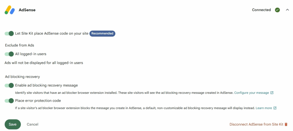 AdSense settings within Site Kit