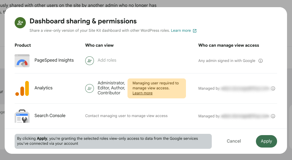 Dashboard Sharing settings notice
