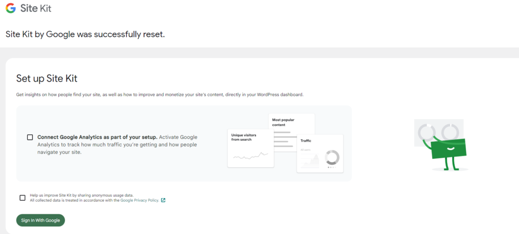 A screenshot of the Site Kit initial set up screen