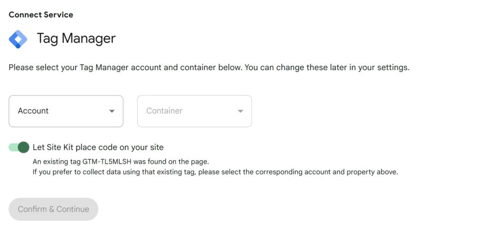 Selecting a Google Tag Manager container, with a notice that a container already exists