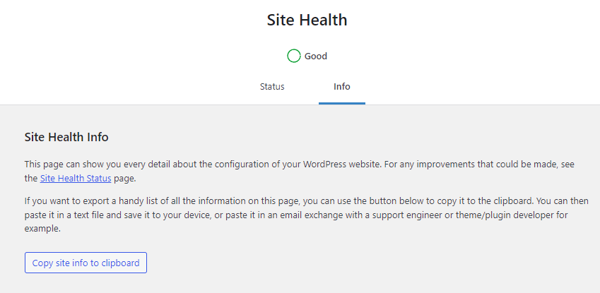 The Site Health Info tab selected and underlined