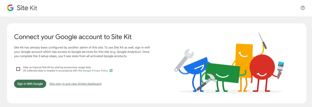 A screenshot showing the sign in screen when connecting Site Kit