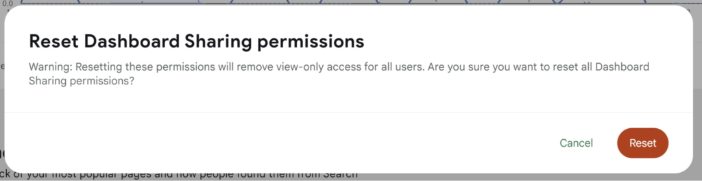A screenshot showing a popup to confirm that a user wishes to reset all sharing permissions
