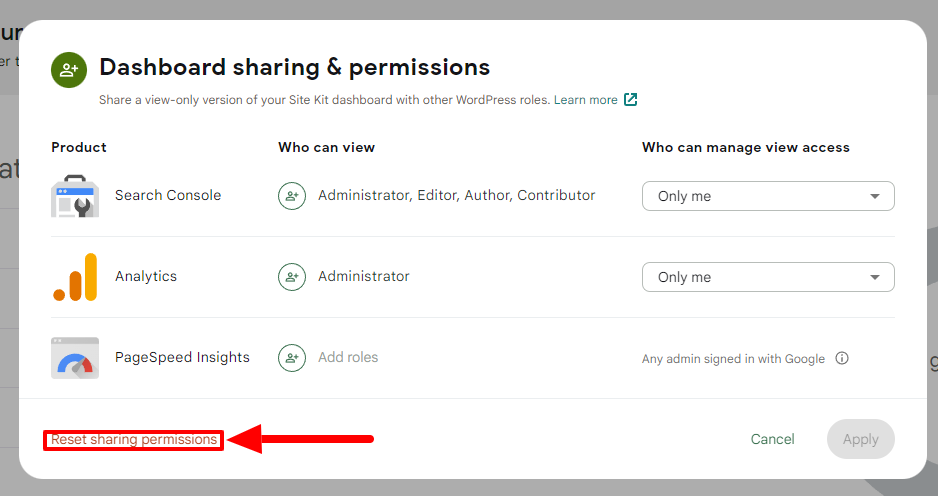 A screenshot highlighting the Reset sharing permissions link