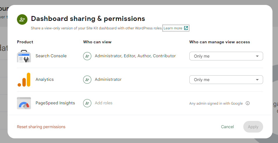 The Dashboard sharing & permissions settings modal
