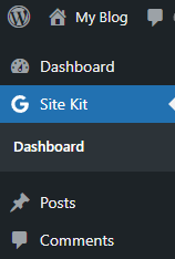 The Site Kit menu option that displays in the WordPress admin menu after services have been shared to a user