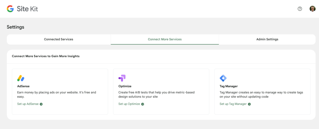 The Settings page to connect more services for Site Kit