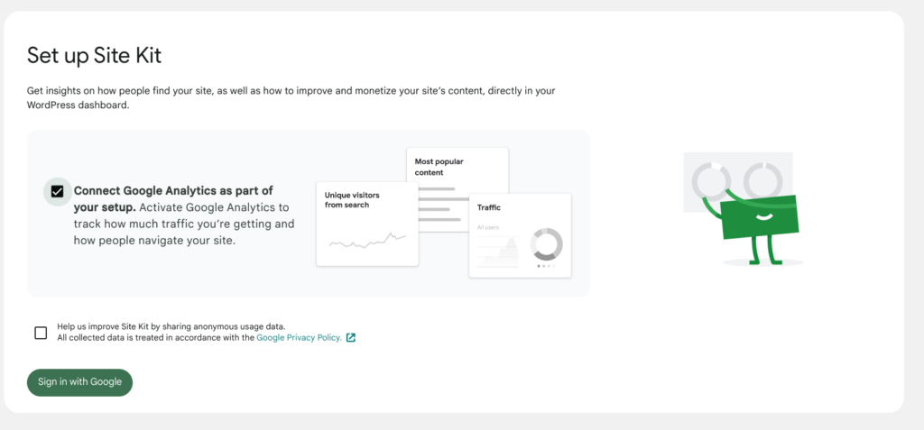 The setup window for Site Kit with the option to connect Analytics 