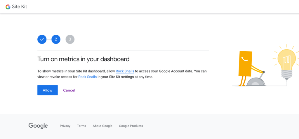 The second step in the Site Kit setup to turn on metrics in the dashboard
