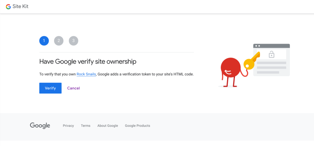 The first step in the Site Kit setup to verify site ownership