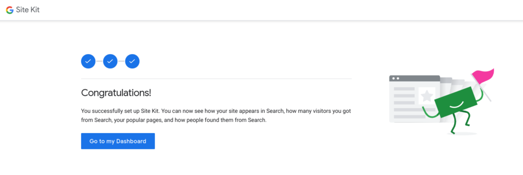 The congratulations message after Site Kit and Search Console setup