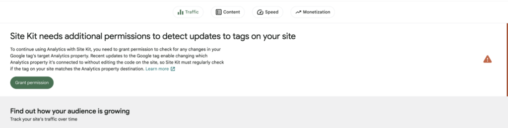 The additional permissions warning displayed on the Site Kit dashboard