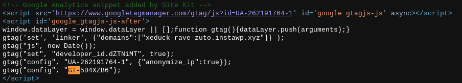 A highlighted Google tag “GT-” tag from a website’s source code 