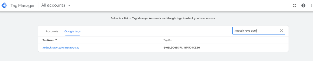 Searching for and checking your site’s Google tag ID from the Google tags tab via Tag Manager