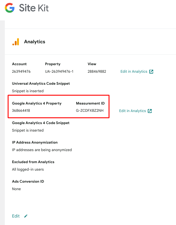The Site Kit Analytics settings display for the GA4 property and measurement ID