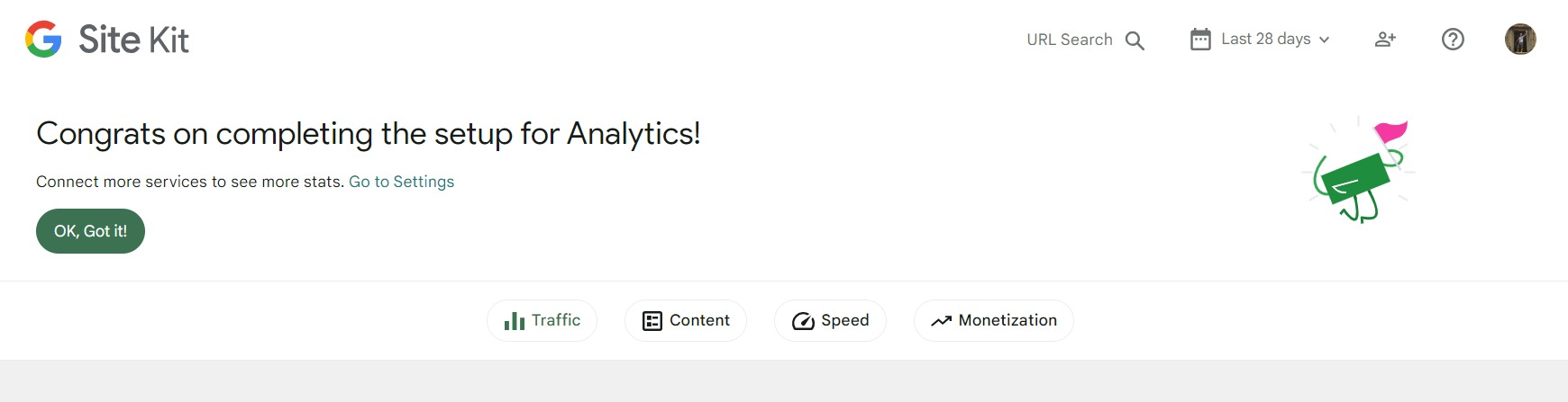 A screenshot of the congratulations screen after completing Analytics set up