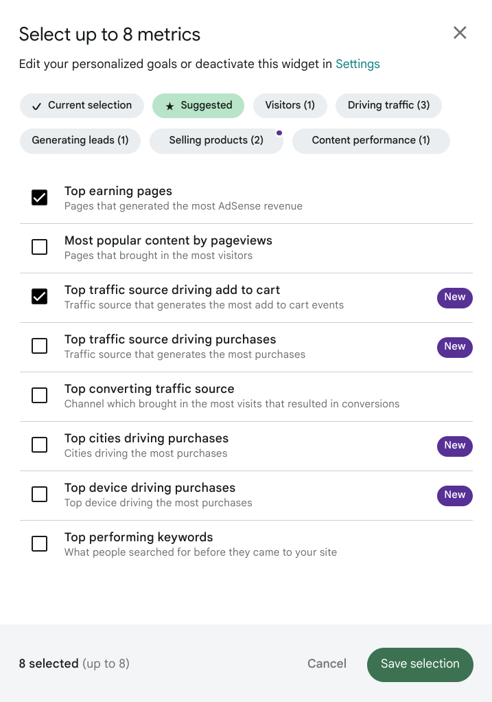 The list of suggested metrics
