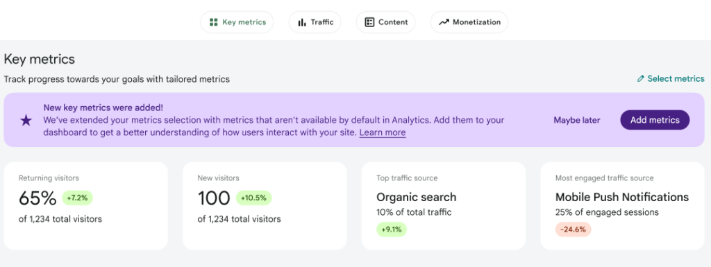 The notice to users explaining that new metrics are available
