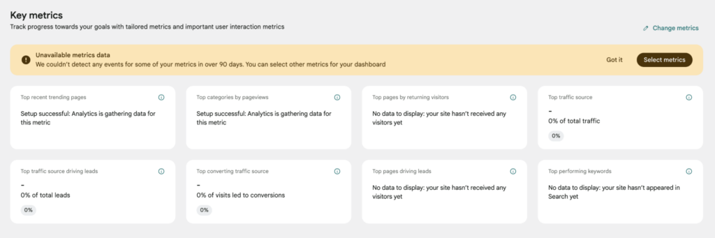 The unavailable metrics data notification shown when events can’t be detected