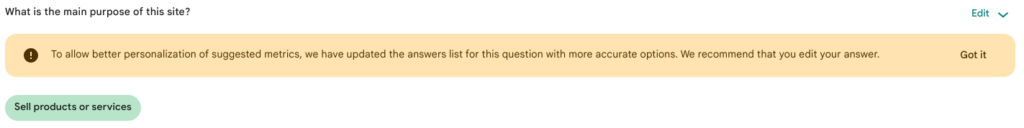 The notice displayed advising users to update their question 1 answer