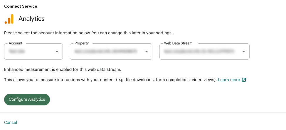 The enhanced measurement is enabled message during Analytics setup