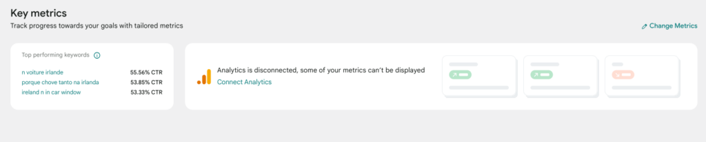The available tiles displayed and message for key metrics when Analytics is disconnected