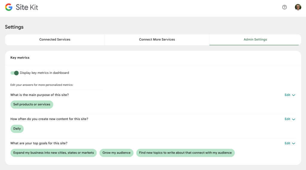 The review screen from Admin Settings for key metrics after answering the three questions