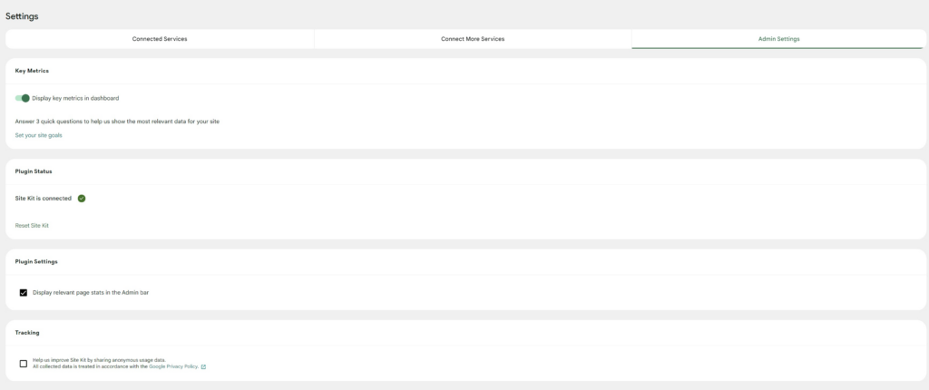 The Analytics settings page within Site Kit