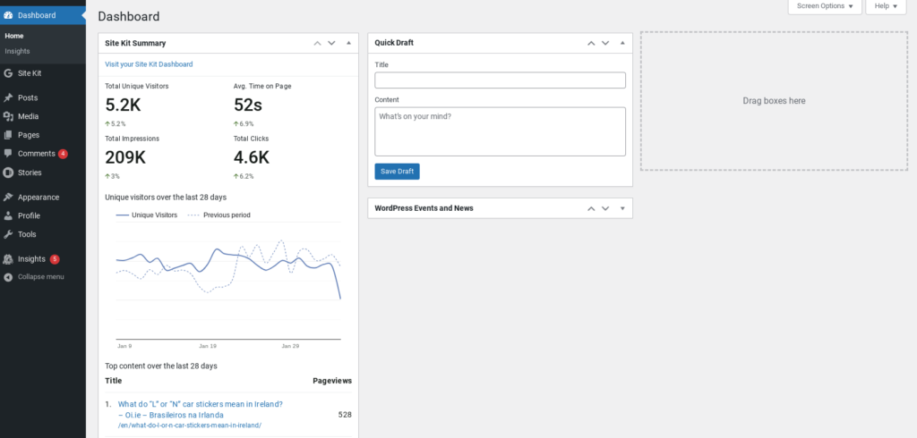 The WordPress Dashboard summary widget for Site kit