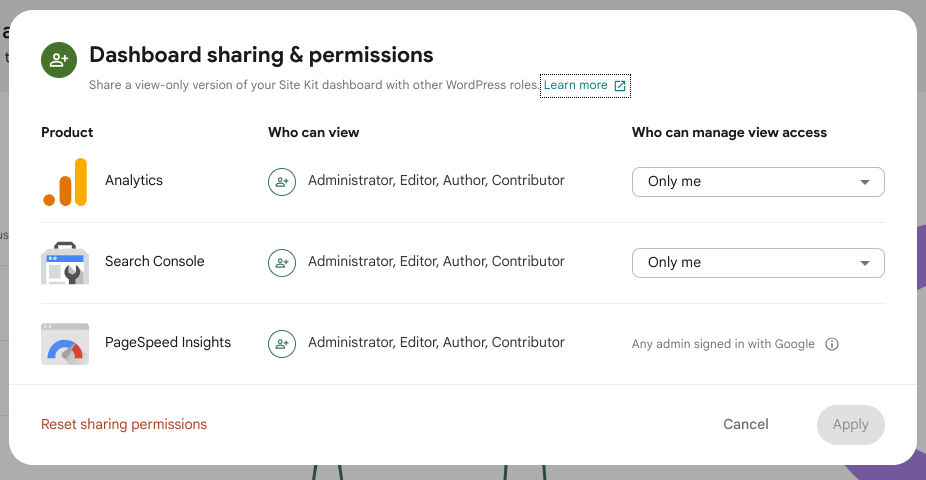 Dashboard sharing & permissions settings