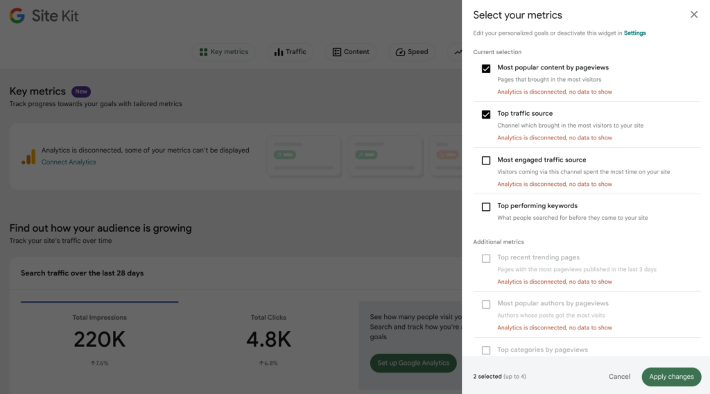 Key metrics selection panel after disconnecting Analytics