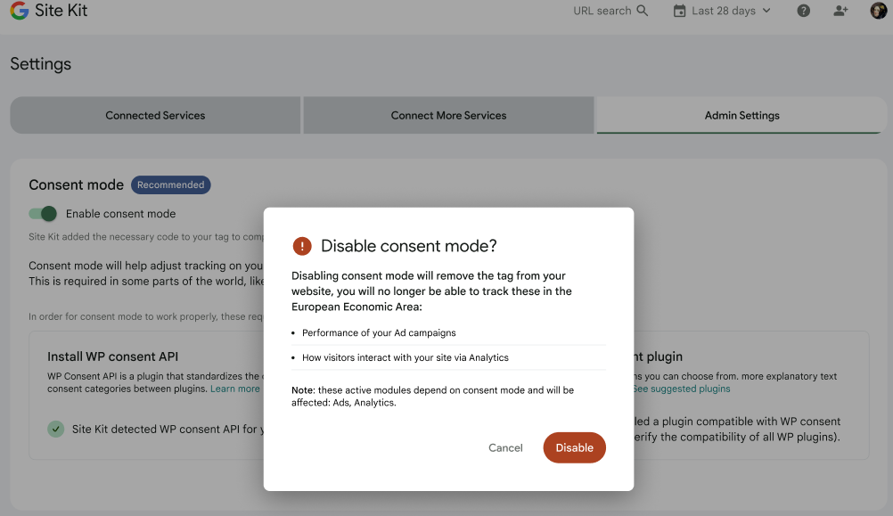 The modal displayed when selecting to disable consent mode